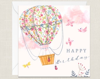 Happy Birthday Greetings Card with Envelope - Birthday Card - Her - Gifts Friend - Hot Air Balloon - Flowers Birds - Balloons Hearts