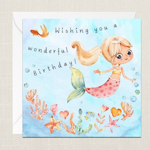 Tarjeta de felicitación de cumpleaños temática de sirena con sobre - Tarjeta de feliz cumpleaños - 1º 2º 3º 4º 5º cumpleaños - Cumpleaños de los niños - Hito