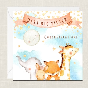 Mejor hermana mayor felicitaciones tarjeta de felicitación con sobre - tarjeta de nacimiento - tarjeta de bautizo - bebé hermano - bebé recién nacido - animales lindos