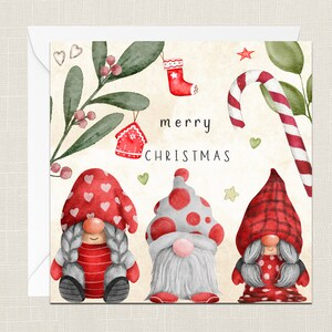 Merry Christmas Greetings Card with Envelope - Merry Xmas - Happy Holidays - Festive - Joyeux Noel - Watercolour Gnomes - Our House To Yours