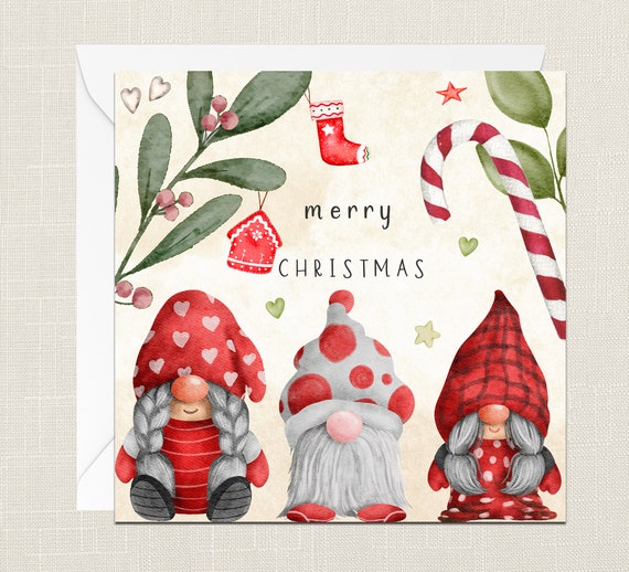 Merry Christmas Greetings Card with Envelope - Merry Xmas - Happy Holidays - Festive - Joyeux Noel - Watercolour Gnomes - Our House To Yours