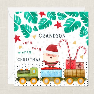 Grandson Very Very Merry Christmas Greetings Card with Envelope - Merry Xmas - Happy Holidays - Festive Joyeux Noel - Childrens Kids - Santa