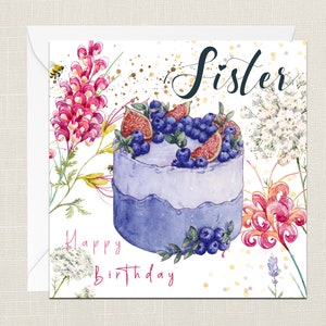 Sœur Joyeux anniversaire Carte de vœux avec enveloppe - Avec carte d’amour - Cadeaux pour ami - Fleurs de gâteau - Croquis à l’encre - Aquarelle - Abeille