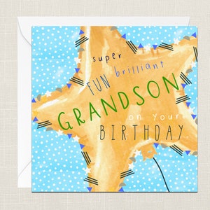 Super Fun Brilliant Grandson Happy Birthday! Greetings Card with Envelope - Birthday Card - Gifts for Him - Balloons - Confetti - Star
