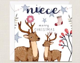 Niece Merry Christmas Greetings Card with Envelope - Merry Xmas - Happy Holidays - Festive - Joyeux Noel - Childrens Kids - Snowman - Nephew