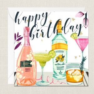 Carte de vœux joyeux anniversaire avec enveloppe - Acclamations - Elle - Cadeaux Ami - Célébration du Gin - Cocktail Champagne - Amis - Alcool Glamour
