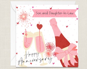 Son And Daughter-In-Law Happy Anniversary Greetings Card with Envelope - For Her Him - Celebration - Wedding Anniversary - Champagne Love