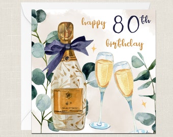 Tarjeta de felicitación de feliz cumpleaños 80 con sobre - Tarjeta de cumpleaños - Tarjetas Ella Él Regalos para un amigo - Champán - Hojas - Ochentavo 80
