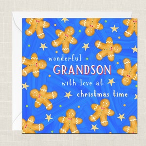 Wonderful Grandson With Love At Christmas Time Greetings Card with Envelope - Merry Xmas Happy Holidays Festive Gingerbread - Childrens Kids