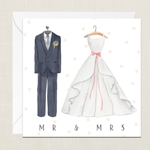 Biglietto d'auguri Mr And Mrs con busta - Her Him - Celebration - Wedding Day - Love - Civil Partnership - Acquerello - Abito - Cuori