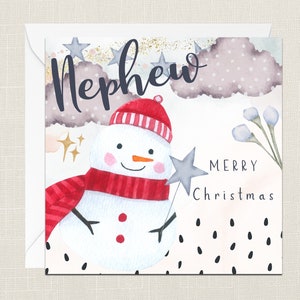 Neffe Frohe Weihnachten Grüße Karte mit Umschlag - Frohe Weihnachten - Frohe Feiertage - Festlich - Joyeux Noel - Kinder - Schneemann - Nichte