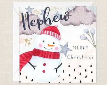 Nephew Merry Christmas Greetings Card with Envelope - Merry Xmas - Happy Holidays - Festive - Joyeux Noel - Childrens Kids - Snowman - Niece