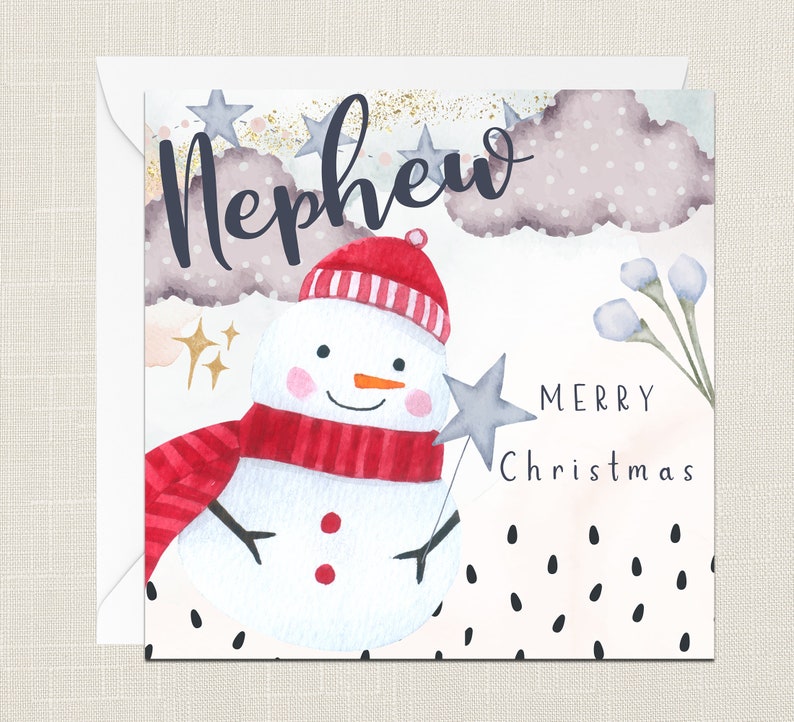 Nephew Merry Christmas Greetings Card with Envelope Merry Xmas Happy Holidays Festive Joyeux Noel Childrens Kids Snowman Niece 画像 1