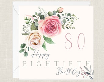 Gelukkige 80ste Verjaardag Florals Greetings Card met Envelop - Verjaardagskaart - Kaarten Haar - Cadeaus voor Vriend - Bloemen - Elegant - Tachtigste 80