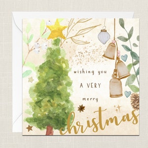 Frohe Weihnachten Grußkarte mit Umschlag - Frohe Weihnachten - Frohe Feiertage - Festlich - Joyeux Noel - Aquarell Baum