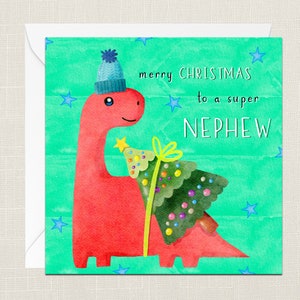 Feliz Navidad a un súper sobrino tarjeta de felicitación con sobre - Feliz Navidad - Felices fiestas - Festivo - Niños - Árbol de dinosaurios