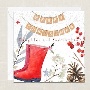 Merry Christmas Daughter And Son-in-Law Greetings Card with Envelope - Merry Xmas - Happy Holidays - Festive Joyeux Noel - Wellington Boots