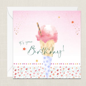 It's Your Birthday Greetings Card with Envelope - Happy Birthday Card - Her - Gifts for Friend - Ice Cream Cone - Friend - Teenager - Pink