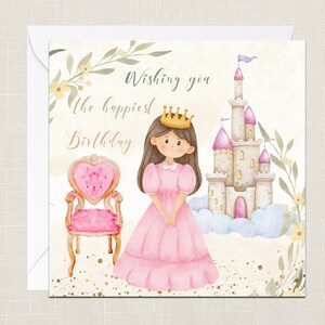 Wishing You The Happiest Birthday Princess Themed Greetings Card with Envelope - Happy Birthday Card - Childrens Birthday - Princess Castle