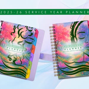May include: Two planners, one spiral-bound and one in a binder, with the text "LIVE FOREVER PLANNER" and "2025-2026 SERVICE YEAR EDITION." The covers feature colorful artwork of a woman's face, trees, and abstract designs. The binder is light purple.