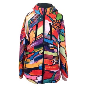 May include: A colourful hooded jacket with a zip fastening and abstract paint splatter design. The jacket features a variety of colours, including red, yellow, blue, green, and purple.