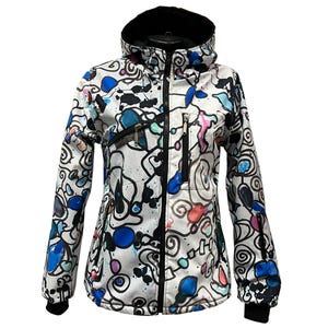 May include: A white hooded jacket with a black zipper and black trim. The jacket has a colorful abstract design with blue, black, pink, and white swirls and splotches.