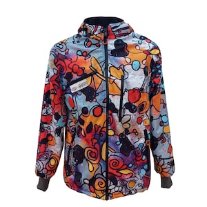 May include: A colorful hooded jacket with a zipper closure and a graphic print of abstract shapes and swirls. The jacket has two pockets and a logo that says "Lemins Art & Design".