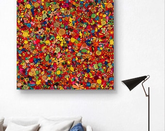 Large Multicolored Psychedelic Painting, Abstract Framed Canvas (39x39 in)