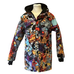 May include: A colorful hooded jacket with a black hood and a zipper closure. The jacket is covered in a psychedelic pattern of swirls, dots, and lines in shades of red, orange, yellow, blue, green, and purple.