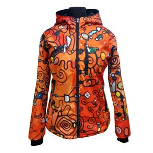 May include: Orange and black hooded jacket with a colorful abstract pattern. The jacket has a zipper closure and two pockets.