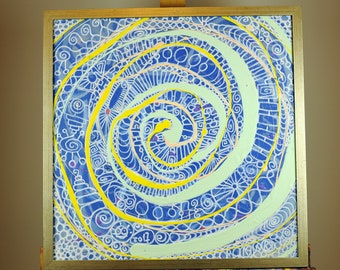 Original Psychedelic Spiral Painting – Blue Abstract Art in Vintage Frame
