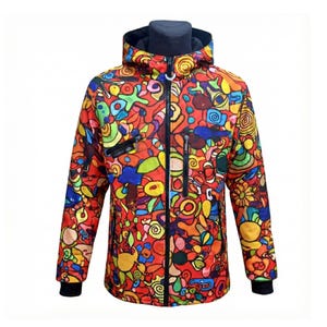Softshelljack met abstracte kunst – waterdichte wandeljas met veelkleurig patroon