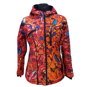 May include: A red, orange, blue and black patterned fleece jacket with a zip closure and a hood. The jacket has two zipped pockets on the front.