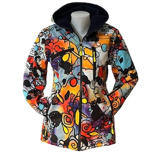 May include: A colorful, abstract print jacket with a black zipper and a hood. The jacket has a variety of colors, including orange, yellow, blue, green, and purple.