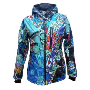 May include: A blue, black, orange, pink and white patterned jacket with a zip closure and a hood. The jacket has two pockets on the front and two pockets on the inside.