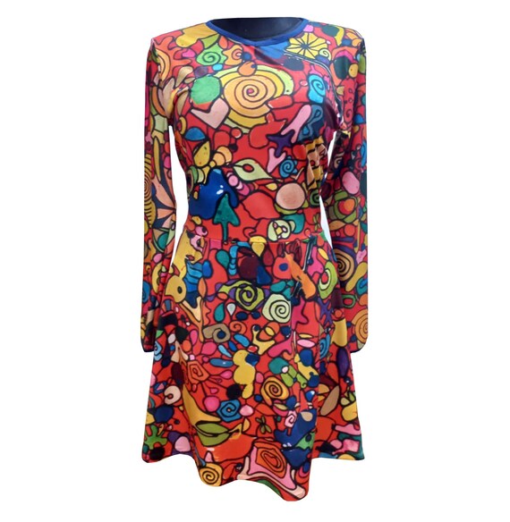 long sleeve mini dress colorful Boho Fantasy Print Mini Dress: Colorful Long Sleeve Festival Dress