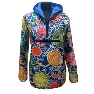 May include: A long-sleeve pullover hoodie featuring a dark blue base with a vibrant, multi-colored abstract pattern of swirls, suns, and organic shapes. It includes a half-zip front closure, a front zippered pocket with the text LEMINX, and a blue hood lining.