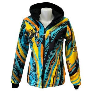 May include: A black hooded jacket with a colorful abstract pattern in shades of blue, yellow, and orange. The jacket has a zipper closure and two pockets.