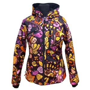 May include: A hooded jacket with a colorful abstract pattern in shades of purple, yellow, orange, and brown. The jacket has a black interior, a full-length zipper, and multiple zippered pockets. The design features swirling shapes and floral motifs.