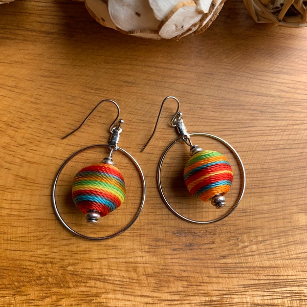 Hand made, silver tone dangle drop dangle earrings, multicolored round material bead, boho chic, bohemian earrings,hippie earrings, gypsy