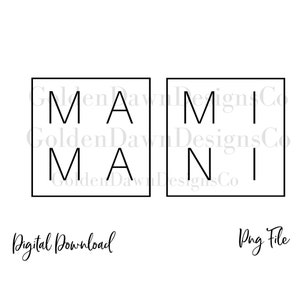 May include: Two black and white square designs with the letters "M A M A" and "M I N I" inside.