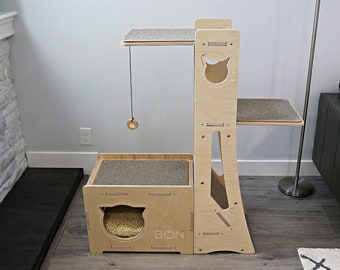 Modern Design Wooden Ensemble Cat Tree + House Combo, Cat Tower + House Combo, Midsize Cat Tower/Tree, Cat Bed, Baltic Birch