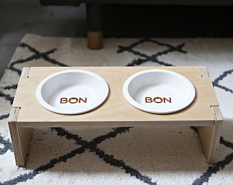 Modern Design Wooden Cat Dining Bowl & Stand Set, Food Bowl Stand Set, Feeding Bowls, Ceramic Food Bowls, Baltic Birch