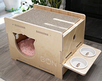 Modern Design Wooden BON Cat House, Cat Bed, Cat Cot, Cat Scratcher, Feeding Ceramic Bowls, Cushion Pillow, Baltic Birch