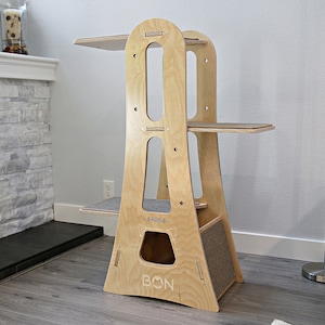 Modern Design Wooden Midsize Bijou Cat Tower, Cat Tree, Climbing Board, Transparent Acrylic Hammock, Carpet Scratcher, Baltic Birch