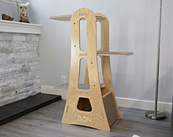 Modern Design Wooden Midsize Bijou Cat Tower, Cat Tree, Climbing Board, Transparent Acrylic Hammock, Carpet Scratcher, Baltic Birch