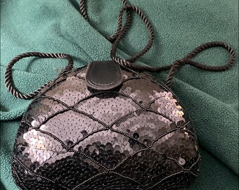 Vintage Black Sequin Small Clutch with Crossbody Strap