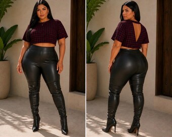 PLUS SIZE Black & Red Houndstooth Print Crop Top Size Large or XLarge
