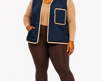 Reversible Navy Blue And Tan Faux Shearling Fur Vest Size L/ XL