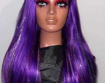 Purple Straight Wig, Rainbow Hair Tinsel, 28 Inch Synthetic Lace Closure